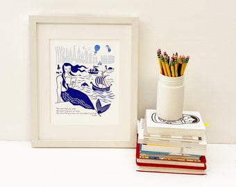 Mermaid reading Letterpress Art Print