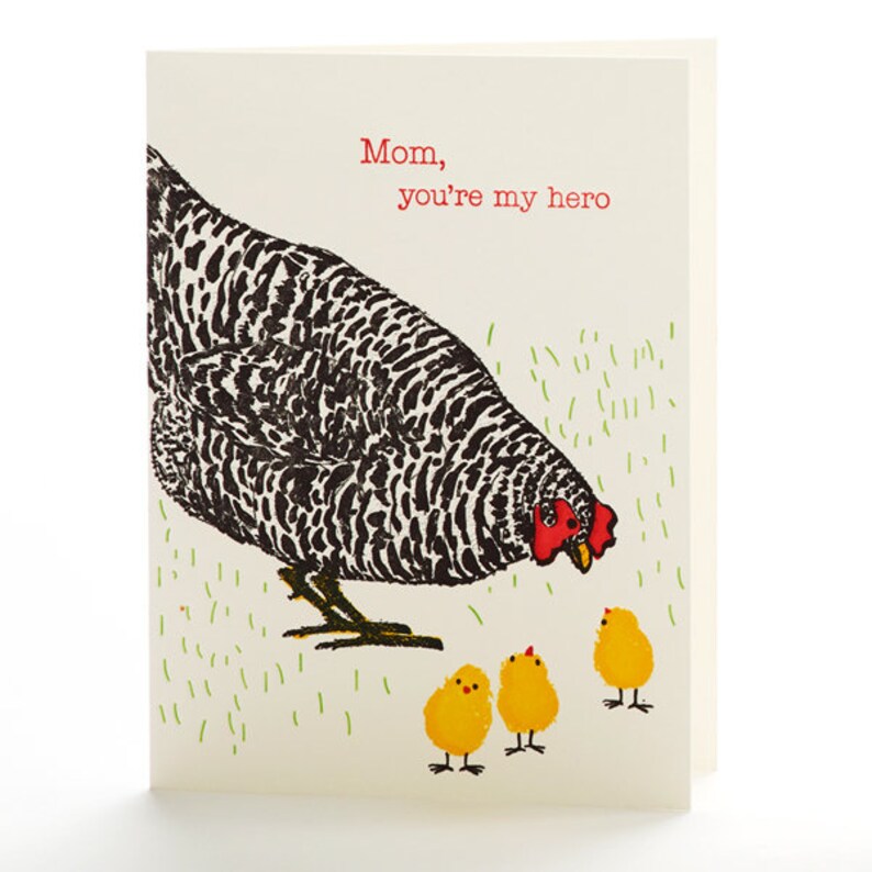 A2-122 Hen and chicks Mom, you are my hero letterpress card image 1