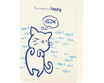A2-278 Cat "You make me Happy"letterpress card