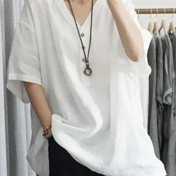 Summer Women Blouses,  Korean  Shirt, Slim and Casual V-neck Large Imitation Cotton Tops &Tees,  Linen Loose Shirt Half Sleeve Top for Women