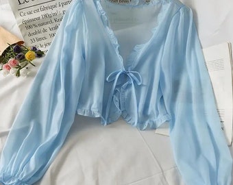 Long Sleeve Thin Breathable T-shirts, Women Lace Bow Cardigan Blouse, Clothing Ruffles, Outwear Blouse For Covers, women summer blouse