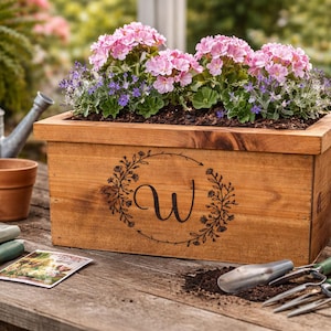 Personalized Cedar Flower Planter Box – Rustic Engraved Garden Decor