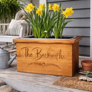 Personalized Cedar Planter Box – Laser Engraved Rustic Flower Pot