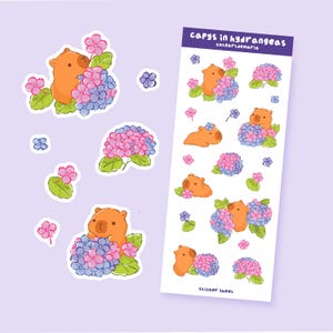 Capybaras dans la feuille d’autocollants d’hortensias - Autocollants Capybara faits à la main mignons - Autocollants Bullet Journal - Autocollants planificateur - Autocollants Scrapbooking
