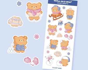 Snow Day Bear Sticker Sheet - Cute Handmade Cozy Winter Stickers - Bullet Journal Stickers - Planner Stickers - Scrapbooking Stickers