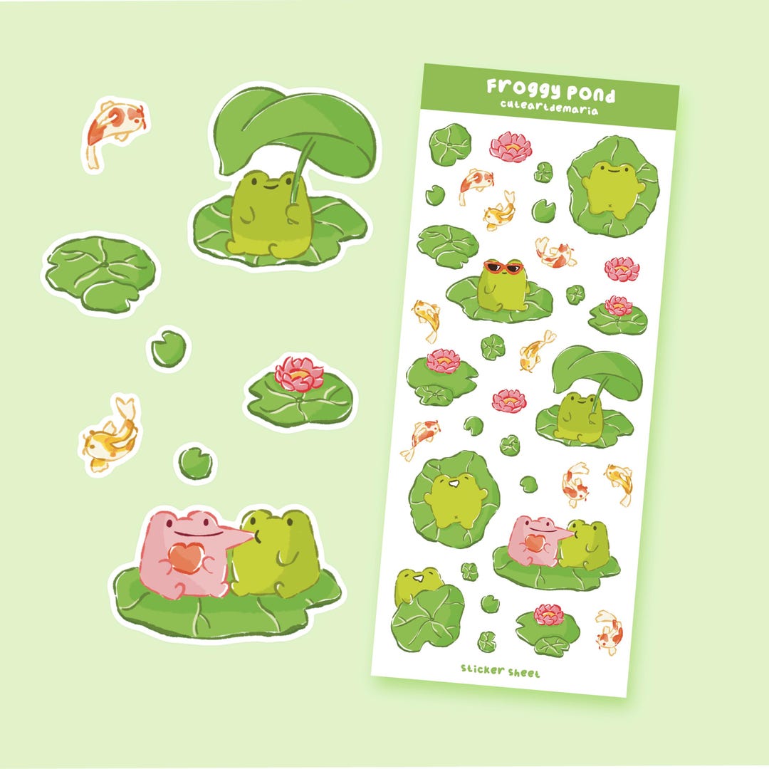 Froggy Pond Sticker Sheet - Cute Handmade Frog & Water Lilies Stickers ...