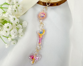 Sleutelhanger met magische meisjesprint - Sleutelhanger met toverstafje van Sailor Moon, Doremi en Sakura - Schattig toverstafje - Glitter holografische sleutelhanger - Cadeau voor tassen en sleutels