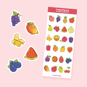 Foglio di adesivi Tiny Fruits - Adesivi di frutta carini - Adesivi di cibo kawaii - Bullet Journal, Planner, Adesivi per scrapbooking