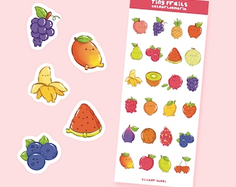 Arkusz naklejek z małymi owocami - urocze naklejki z owocami - kawaii naklejki z jedzeniem - naklejki do dziennika Bullet Journal, planera, scrapbookingu