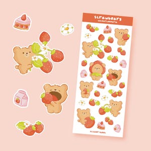 Bear and Strawberries Sticker Sheet - Cute Handmade Bear Stickers - Bullet Journal Stickers - Planner Stickers - Scrapbooking Stickers