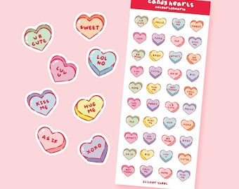 Candy Hearts Sticker Sheet - Cute Love Handmade Hearts Stickers - Valentine Stickers - Bullet Journal, Planner, Scrapbooking Stickers