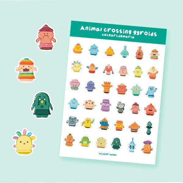 Cartela de adesivos de Gyroids de Animal Crossing - Adesivos fofos de Gyroids feitos à mão - Adesivos para Bullet Journal - Adesivos para Planner - Adesivos para Scrapbooking
