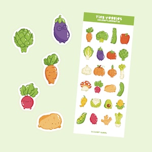 Feuille d'autocollants Petits Légumes - Autocollants Légumes Mignons - Autocollants Nourriture Kawaii - Autocollants Planificateur Faits Main - Feuille de Légumes Bullet Journal