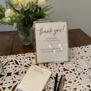 Tarjetas de consejos para bodas y letreros de agradecimiento