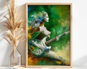 Guitar Girl Art, digital download, musician gift, guitar lover gift, guitar wall art, music poster, gift for guitarist, musical decor art