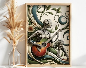 Plant Guitar Art, botanical guitar, digital download, musician gift, guitar lover gift, guitar wall art, music poster, gift for guitarist