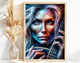 Woman and Guitar art, digital download, musician gift, guitar lover gift, guitar wall art, music poster, gift for guitarist, musical gift