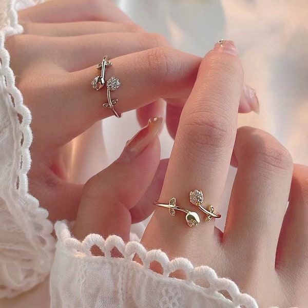 Verstellbarer Tulpenring aus 18 Karat Gold, CZ-Diamantringe für Frauen, offener Ring mit Gravur, Blumenring aus 925er Sterlingsilber, Verlobungsring, Statement-Ring