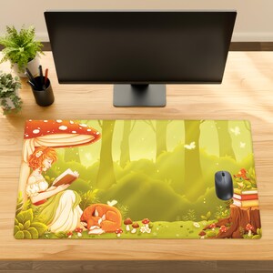 Tappetino per mouse fantasy XXL | Tappetino da scrivania con foresta magica | Tappetino per mouse con fate e volpi della foresta | Tappetino da scrivania in stile cottagecore | Tappetino per mouse da gaming