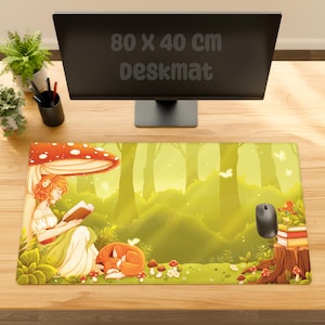 Alfombrilla de ratón XXL de fantasía | Alfombrilla de escritorio Bosque Mágico | Alfombrilla de ratón Hada del Bosque y Zorro | Alfombrilla de escritorio Cottagecore | Alfombrilla de ratón para juegos