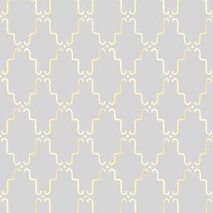 May include: A seamless pattern with a repeating geometric design. The pattern is made up of thin, gold lines that create a series of interlocking squares. The background is a light gray.