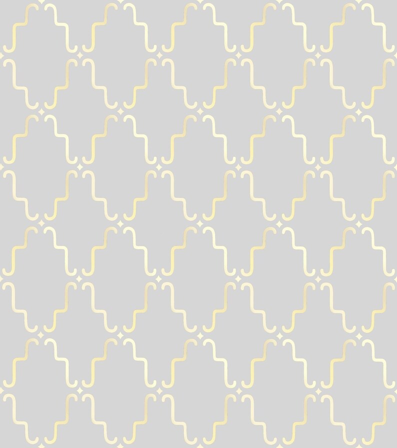 May include: A seamless pattern with a repeating geometric design. The pattern is made up of thin, gold lines that create a series of interlocking squares. The background is a light gray.