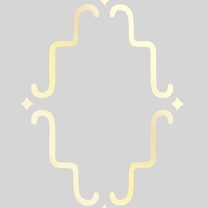 May include: A gold-colored decorative frame with a simple, elegant design. The frame has a rounded top and bottom with a wavy, curved design on the sides. The frame is perfect for adding a touch of elegance to any project.