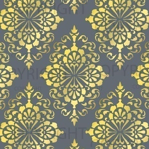 May include: A seamless pattern of gold damask designs on a dark gray background. The pattern is intricate and features a repeating motif of stylized flowers and leaves.