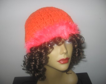 Crochet Orange Hat with pink feathers