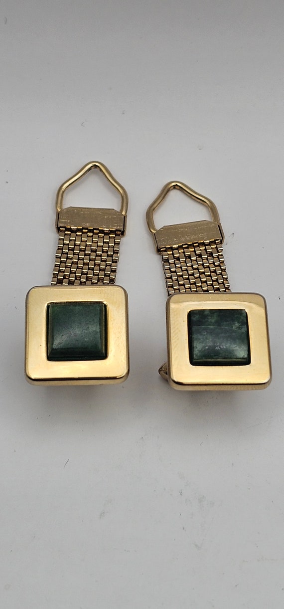 Green Jade Gold Tone Cufflinks Mesh Wrap Mid Centu