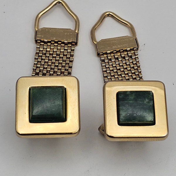 Green Jade Gold Tone Cufflinks Mesh Wrap Mid Century Modern Vintage, Gift for him