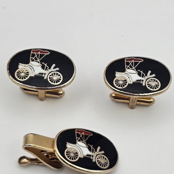 Vintage Model T Vintage Oval Enamel Car Cufflinks and Tie Clasp Set Black Gold tone, good condition, gift for him