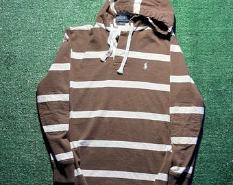 Brown & White Long Sleeve Polo Pullover Shirt W/ Hoodie