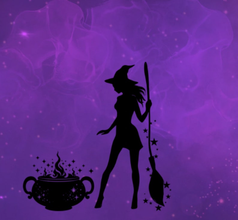 May include: A black silhouette of a witch with a pointed hat and broom, standing next to a bubbling cauldron. The background is a purple, cloudy design with small white stars, creating a mystical Halloween theme.