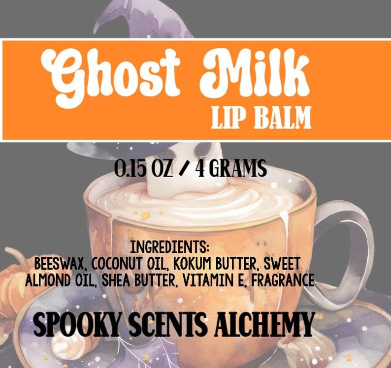 May include: A lip balm product label with the text "Ghost Milk" in a whimsical font. The label includes the text "LIP BALM", "0.15 OZ / 4 GRAMS", and a list of ingredients. The brand name "SPOOKY SCENTS ALCHEMY" is also visible.