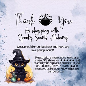 May include: A digital graphic with the text "Thank You" and "for shopping with Spooky Scents Alchemy." A black cat in a witch's hat sits in a cauldron. The image also includes pumpkins and a potion bottle.