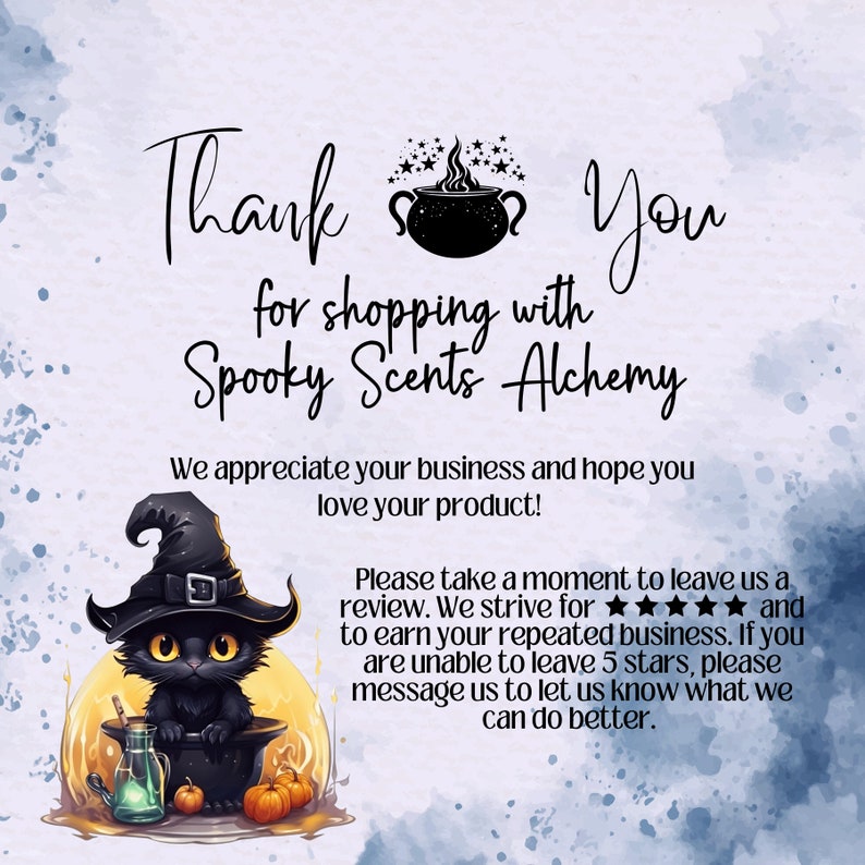May include: A digital graphic with the text "Thank You" and "for shopping with Spooky Scents Alchemy." A black cat in a witch's hat sits in a cauldron. The image also includes pumpkins and a potion bottle.