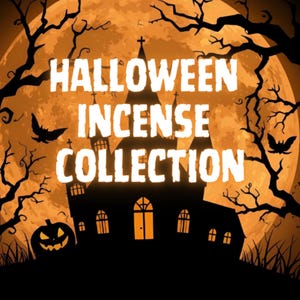 May include: A Halloween-themed graphic with a full moon backdrop. Silhouetted images of a haunted house, bats, and a jack-o'-lantern are featured. The text "HALLOWEEN INCENSE COLLECTION" is displayed in white.