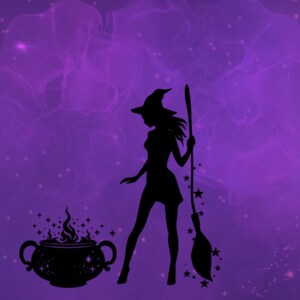 May include: Silhouette of a witch with a pointed hat and a broom, standing in front of a cauldron with flames and stars. The background is a purple gradient with white stars.