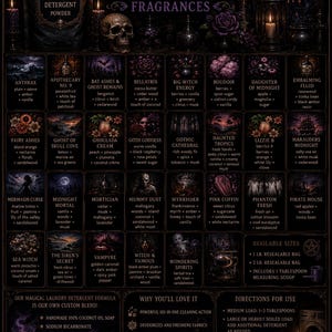 May include: A black product information sheet for Spooky Scents Alchemy laundry detergent powder. It lists various fragrance names and scent notes, available sizes of 1 lb and 2 lb bags, ingredients, and directions for use with a measuring scoop.