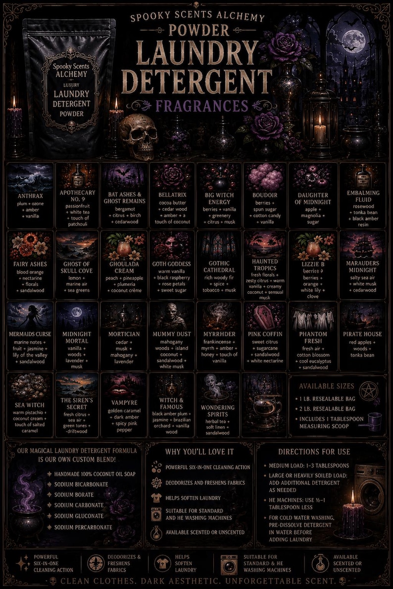 May include: A black product information sheet for Spooky Scents Alchemy laundry detergent powder. It lists various fragrance names and scent notes, available sizes of 1 lb and 2 lb bags, ingredients, and directions for use with a measuring scoop.