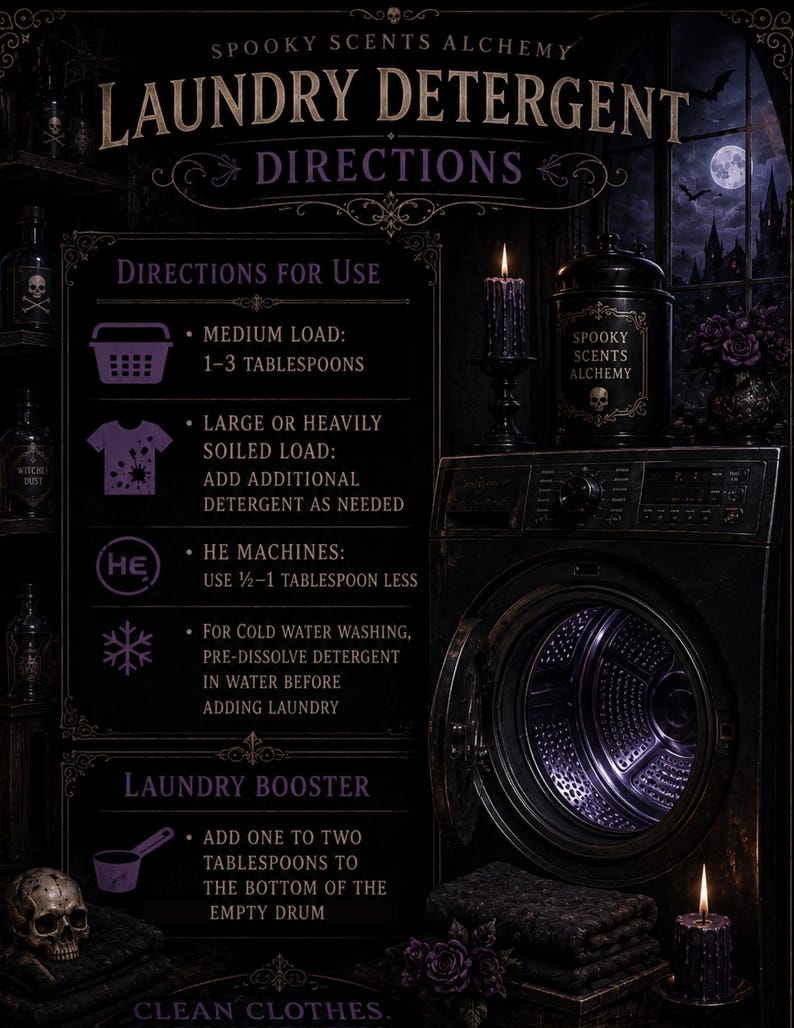May include: A dark-themed instructional sign titled Spooky Scents Alchemy Laundry Detergent Directions. It features text for medium loads, large loads, HE machines, and cold water washing, alongside a black washing machine and skull decor.