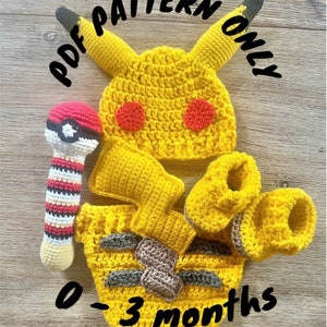 May include: Crochet pattern for a Pikachu baby outfit, including a hat, booties, and a rattle. The pattern is for sizes 0-3 months. The text "PDF PATTERN ONLY" is written in black on a yellow background.