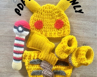 PDF Häkelanleitung, Pikachu Baby Set 0 - 3 Monate, inklusive Pokeball Rassel. Mütze, Schühchen, Windelhose und Rassel.