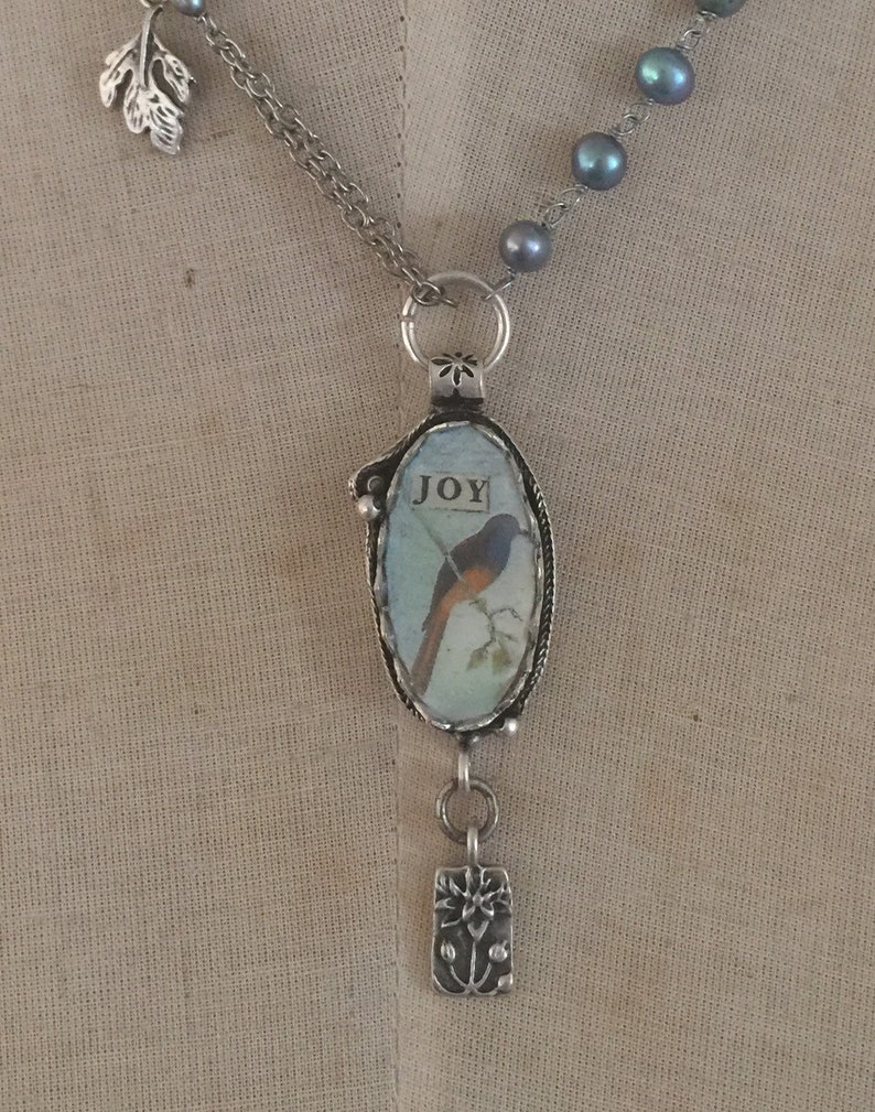 Joy assemblage necklace bird nature ooak pearl silver floral artisan made