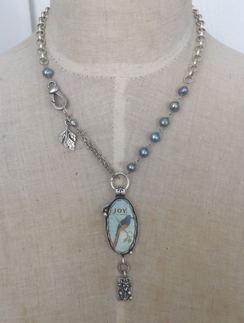 Joy assemblage necklace bird nature ooak pearl silver floral artisan made