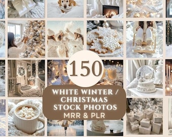 May include: A collage of 150 white winter and Christmas stock photos. The photos feature a variety of winter scenes, including snow-covered landscapes, cozy fireplaces, and festive decorations. The text "150 White Winter / Christmas Stock Photos MRR & PLR" is displayed in the center of the collage.