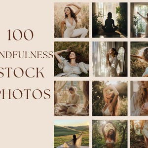 May include: A collection of 100 stock photos featuring people practicing mindfulness in various settings. The photos showcase a variety of poses and expressions, all conveying a sense of peace and tranquility.