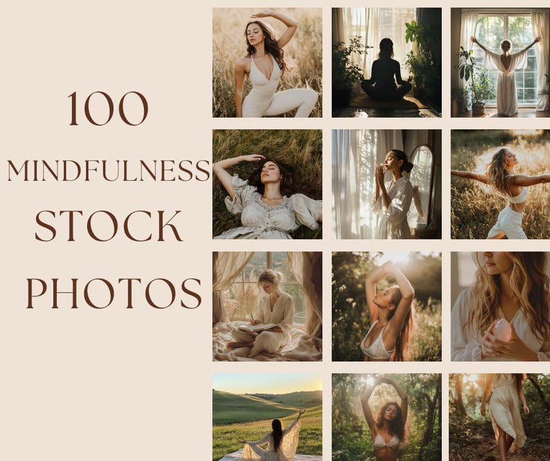May include: A collection of 100 stock photos featuring people practicing mindfulness in various settings. The photos showcase a variety of poses and expressions, all conveying a sense of peace and tranquility.