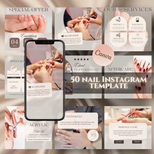 Pode incluir: Uma colagem de imagens que promovem os serviços de um salão de manicure. As imagens mostram manicures, nail art e uma contagem regressiva para uma oferta especial. O texto inclui "Oferta especial", "Contagem regressiva", "Especiais", "Lembrete", "Depoimento do cliente", "50 Modelos de Instagram para unhas", "Acrílico", "Técnico", "Nome do serviço" e "Nossos serviços".